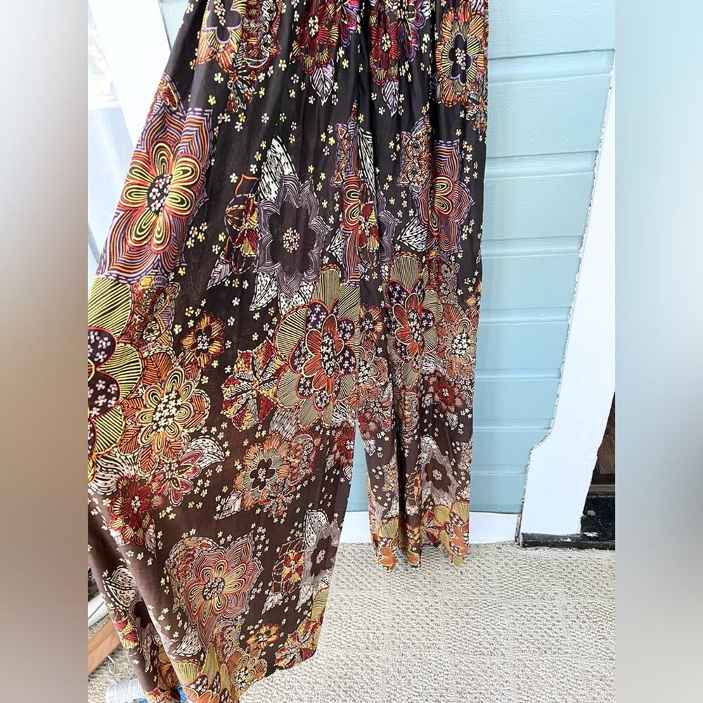 Vintage wide leg paisley jumpsuit 60s 70s brown Peter Pan collar S fall RARE - Picture 7 of 12